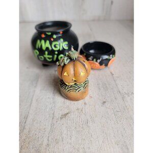 Vintage tea light candle‎ Halloween witch brew pot pumpkin set unique